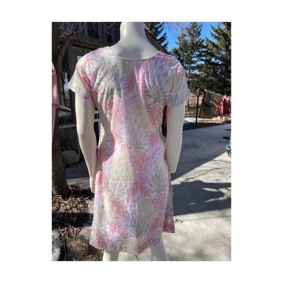 Pastel Botanical Print Tunic Dress Kurta Short Sleeve Gold Embroidery V-Neck - Picture 9 of 12